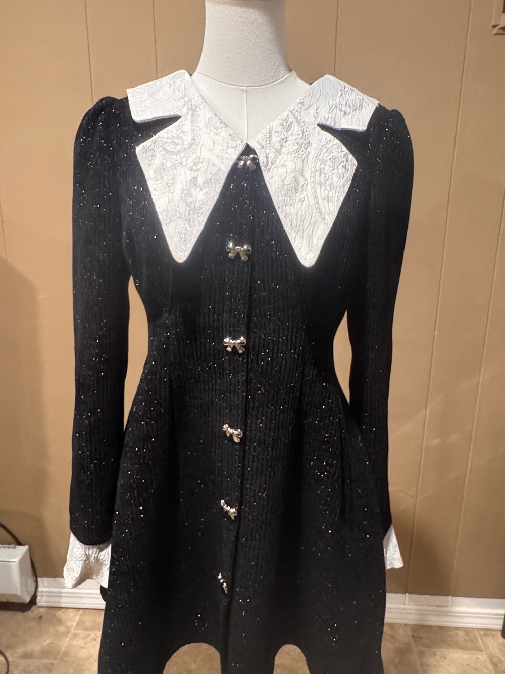 Black Sparkle Knit Mini Dress with White Lace Collar